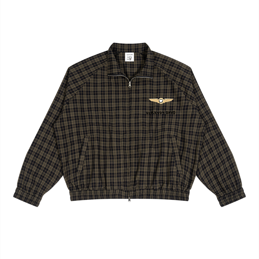 LC Plaid-Potted-Pilot's Track Jacket in Red Plaid — lightweight cotton-blend unisex track jacket, image 1